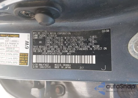 2006 Toyota Highlander V6 z USA, uszkodzony, nr VIN JTEDP21A760114338